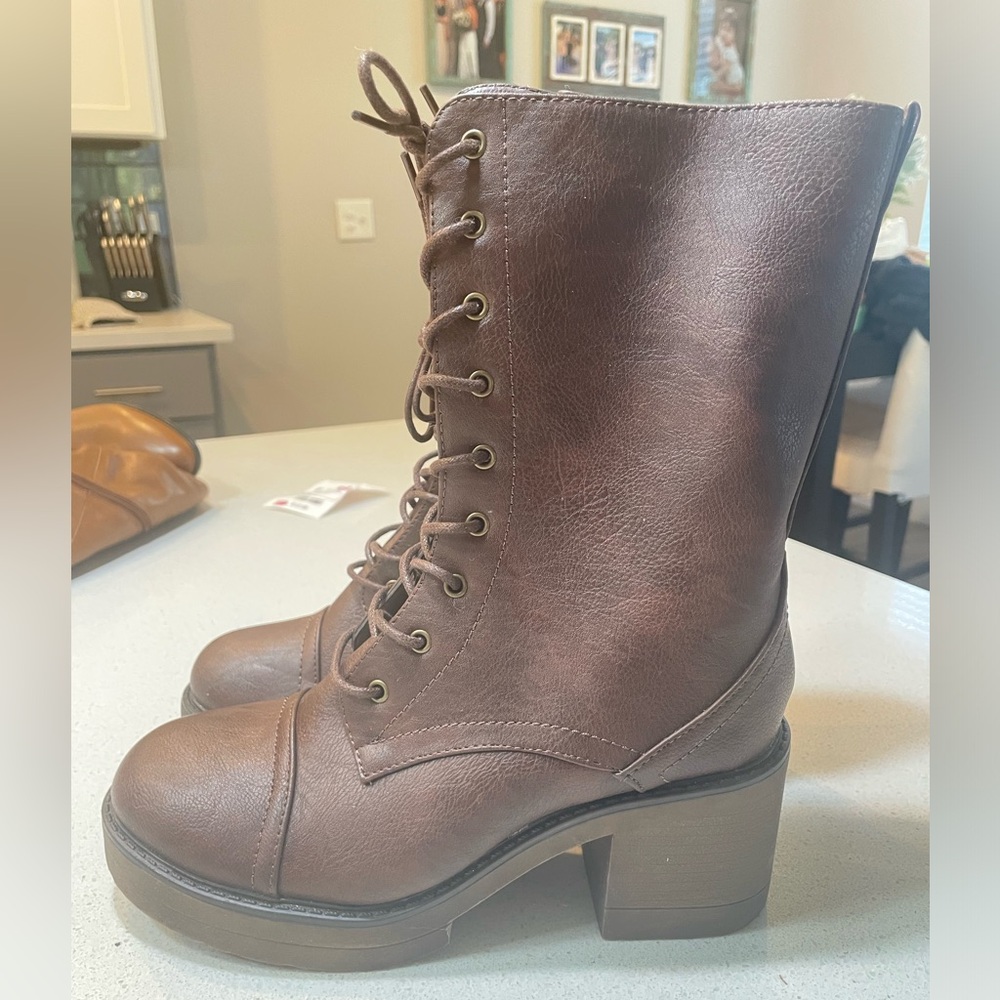 Dark brown lace-up combat boots. 8.5. Brand new